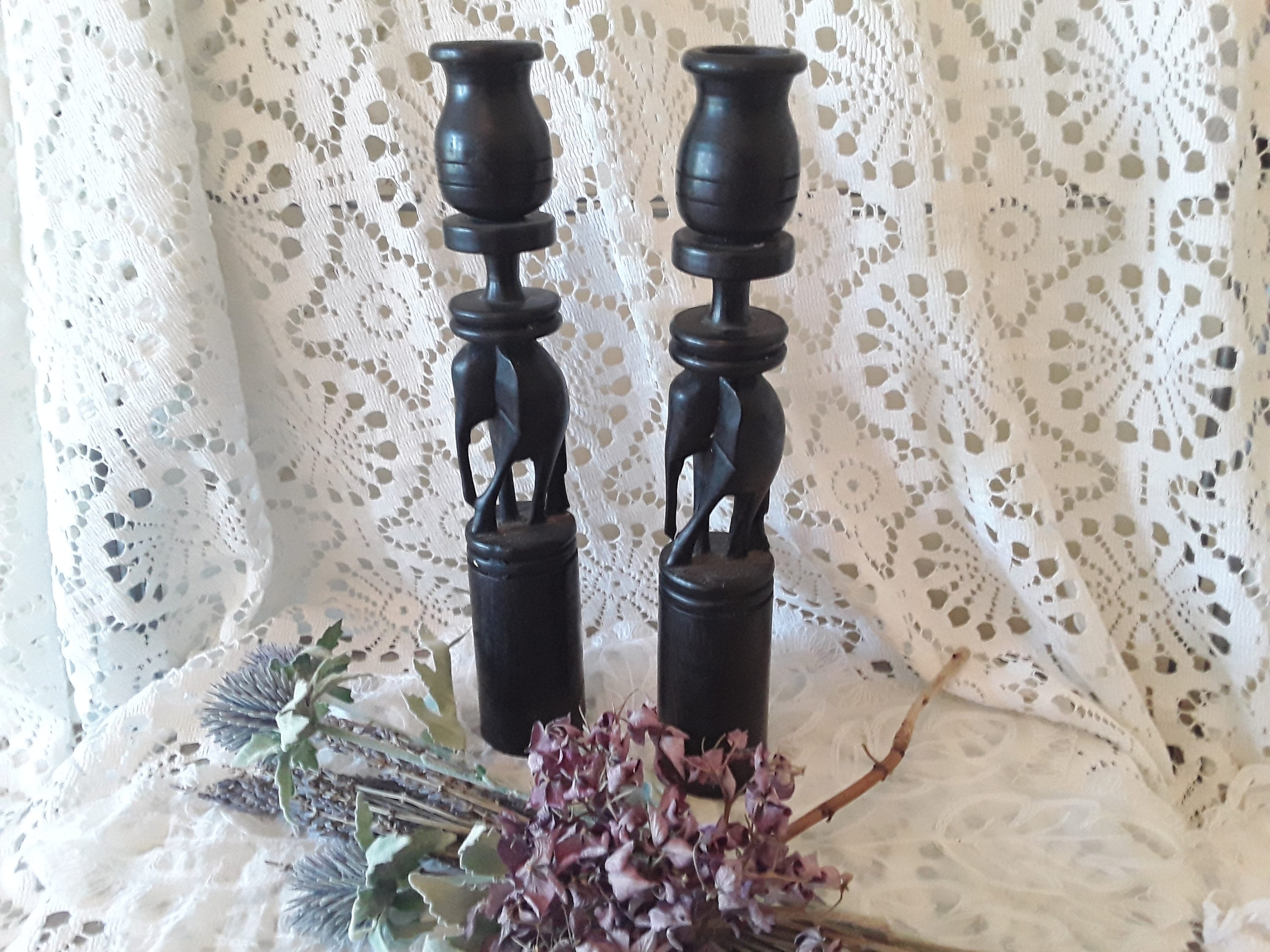 Pair of Hand Carved Candlesticks Etsy UK