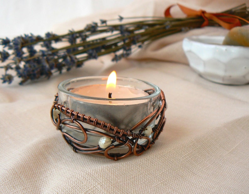 Copper and pearl candle holder Metal tea lights holder Wire Etsy