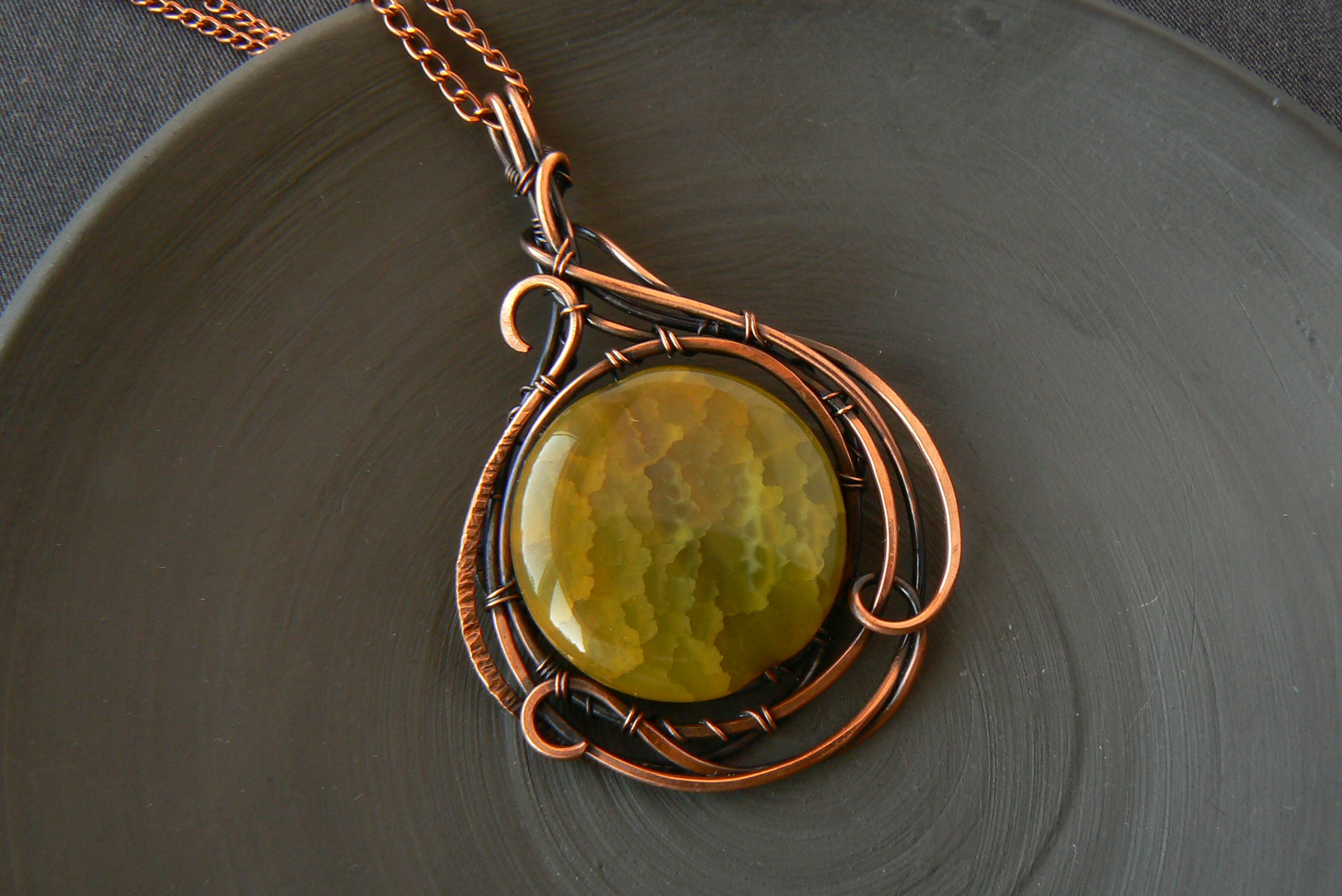Big Yellow Stone Pendant Wire Wrapped Copper Round Necklace Agate