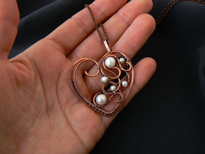 Heart Pearl Necklace Wire Wrapped Copper Pendant Valentine Etsy UK