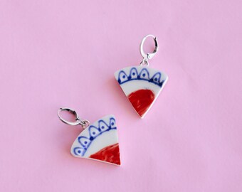 Valentine's Day Broken China Triangle Earrings in Blue, White, and Red - Handcrafted Upcycled Jewelry