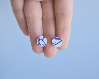 Tiny Porcelain stud earrings, Broken china jewelry, Ceramic blue earrings, cute earrings