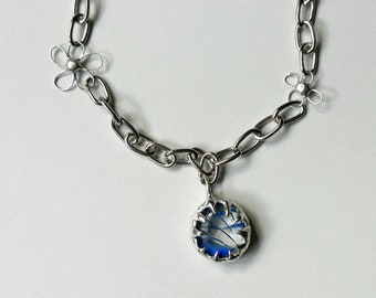 Spiky blue spiral glass pendant Soft Metal Thorn Cybercore Necklace