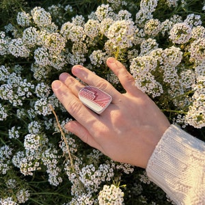 Porcelain adjustable ring, Upcycled jewelry, Red and white ceramic ring, Chinese porcelain repurposed ring, Broken plate jewelry image 4