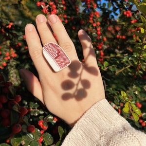 Porcelain adjustable ring, Upcycled jewelry, Red and white ceramic ring, Chinese porcelain repurposed ring, Broken plate jewelry image 7