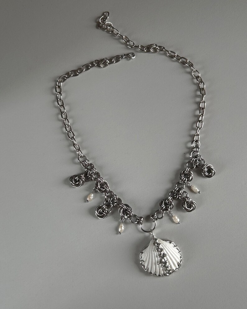 Elegant Chainmaille Spiked Sea Shell Necklace With Pearls Coastal ...