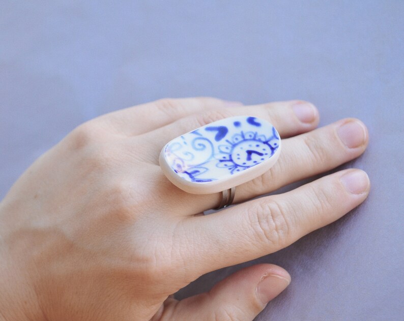 Whimsical Porcelain Ring: Playful Floral Design on Upcycled Broken Plate image 6