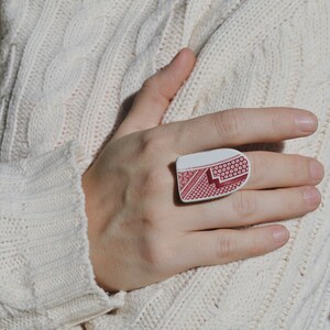 Porcelain adjustable ring, Upcycled jewelry, Red and white ceramic ring, Chinese porcelain repurposed ring, Broken plate jewelry image 8