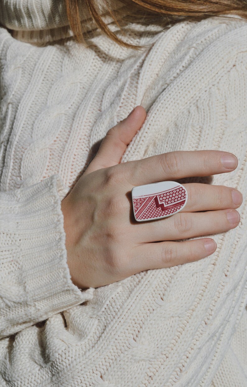 Porcelain adjustable ring, Upcycled jewelry, Red and white ceramic ring, Chinese porcelain repurposed ring, Broken plate jewelry image 8