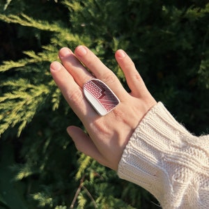 Porcelain adjustable ring, Upcycled jewelry, Red and white ceramic ring, Chinese porcelain repurposed ring, Broken plate jewelry image 2