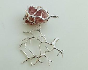 2 or 6 Pcs - Coral Twig Branch Base Pendant Setting For Rough Stone - Silver Plated Settings - 35x30mm