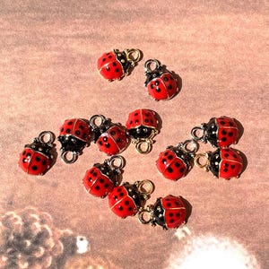 Puede incluir: Una colección de abalorios de mariquita rojos y negros con detalles dorados. Cada abalorio presenta un cuerpo rojo con lunares negros y una cabeza negra. Los abalorios están esparcidos sobre una superficie marrón claro.