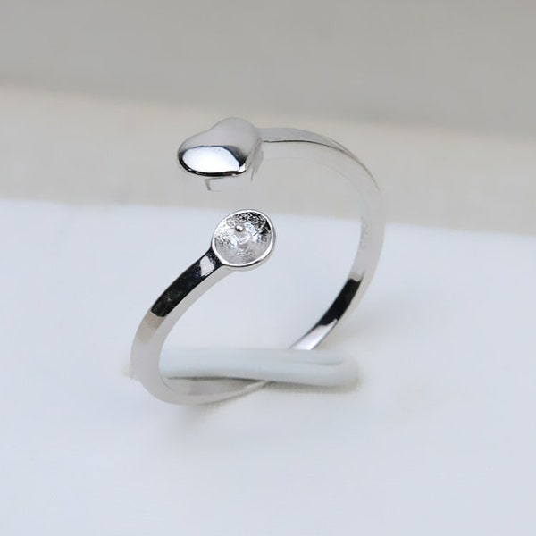 1 Pcs  - Sterling Silver Heart Ring With Cup Setting - Adjustable - For 5mm - 8mm bead