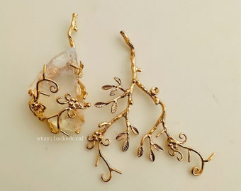 no  hole no loop - Twig Branch Base Pendant Setting For Rough Stone - 1 Pcs- Gold Plated - 60x50mm