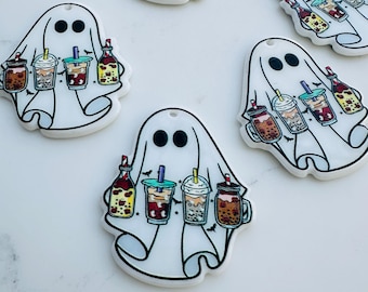 10 または 30 個、アクリル製ハロウィン ゴースト チャーム、両面、39 x 33 mm、穴 1 mm