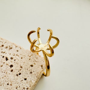 5 Pcs  - Gold Plated 6 Prong Claw Ring Setting - Adjustable - 15mm setting