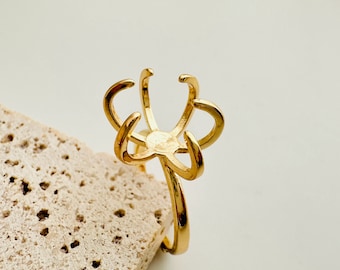 5 Pcs  - Gold Plated 6 Prong Claw Ring Setting - Adjustable - 15mm setting