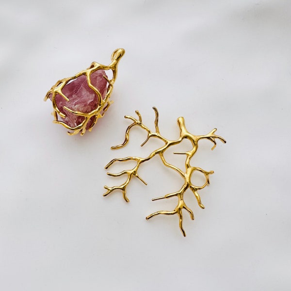 2 or 6 Ps, Coral Twig Branch Base Pendant Setting For Rough Stone - 24k Gold Plated Settings - 35x30mm