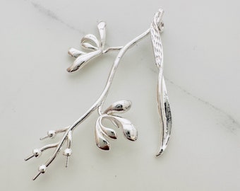 Branche de brindille à coller sur pendentif - Plaqué argent - 50x35mm - Capuchon de perles 2mm