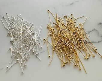 100 Pcs,  Solid Brass, Ball Pin, Head Pin - 20mm/25mm/30mm/35mm/40mm - Gold/silver Plated