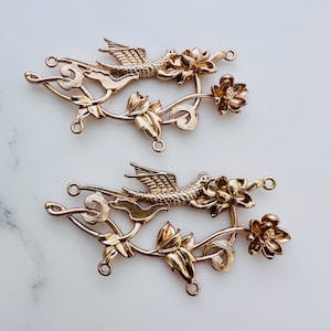 2 Pcs, Twig Branch Bird Links  - Gold Plated - 30x58mm
