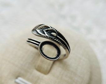 1 Pcs - Sterling Silver Oval Cabochon Peacock Feather Ring Setting - Réglable - 6x8mm