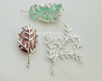 1 Pcs - Twig Branch Leaf Base Pendant Setting For Rough Stone - Silver Plated Settings  - 50x50mm