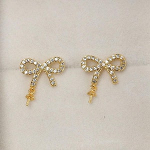 Cubic Zirconia Bow Earrings Settings  - Sterling Silver Post- 12x8mm - One pair
