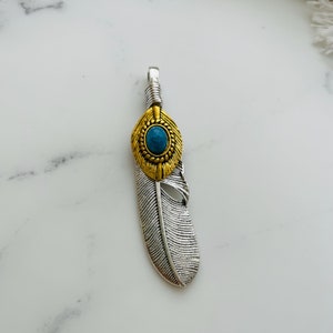 10 Silver Plated Turquoise Feather Pendant  -  62x13mm
