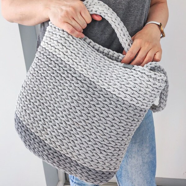 Handwoven shopper basket in grey colors. Original simple and minimalist woman bag. Great for gift.