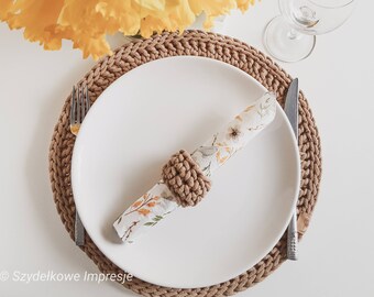 Set of 12 handmade placemats for kitchen table and crochet napkin rings.Natural coasters in dinningroom table.Decoration for your home.