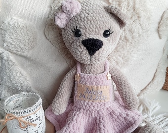 Plush handmade teddy bear girl with dress for girl.Sweet bear for newborn baby.Cozy mascot friend for little baby girl.Cuddly toy.