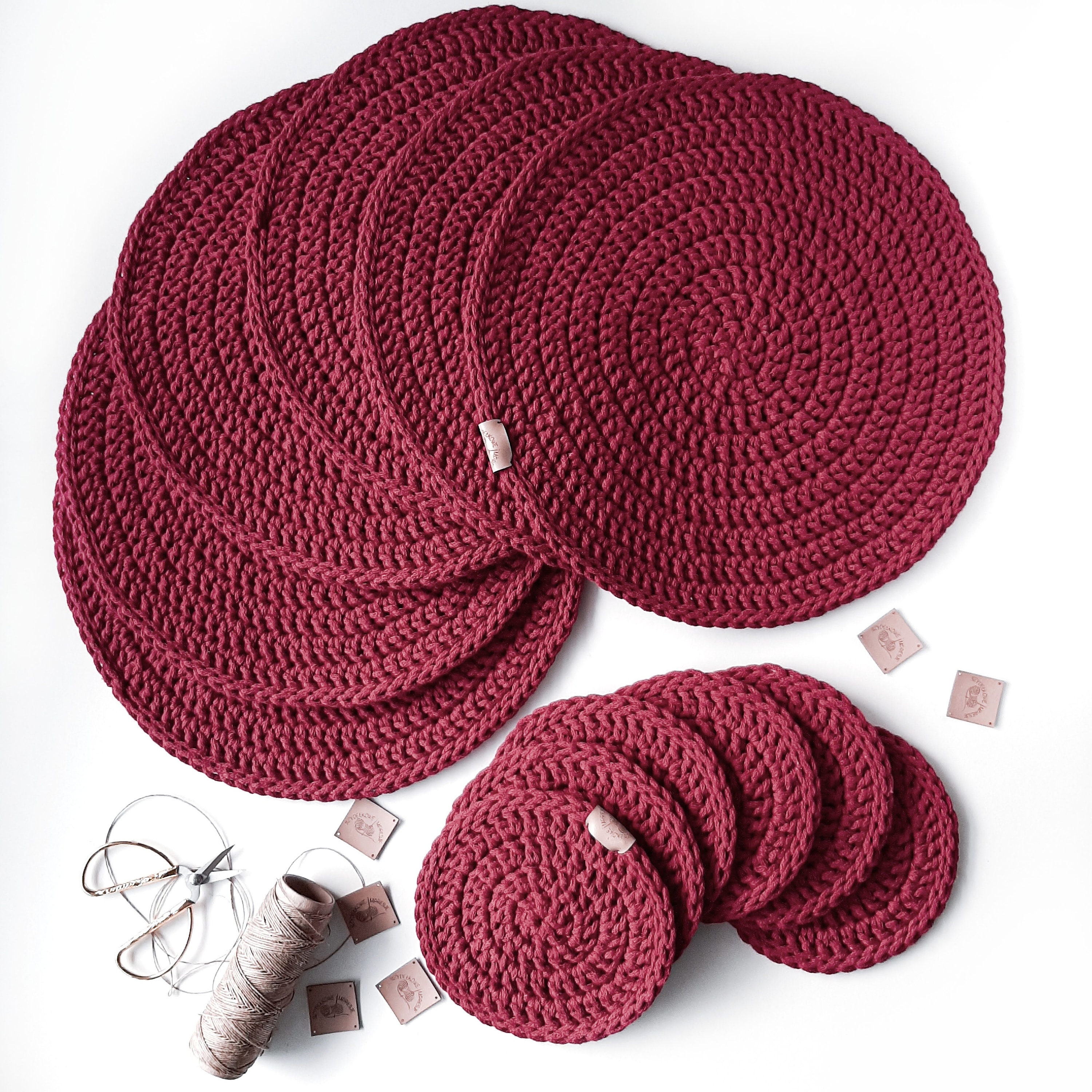 Organic Handwoven round table decor. crochet cotton coasters and placemats