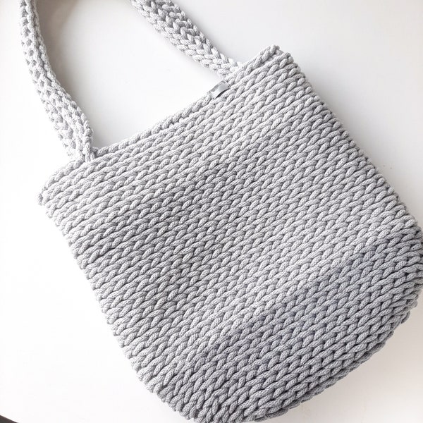 Handwoven shopper basket in grey colors. Original simple and minimalist woman bag. Great for gift.