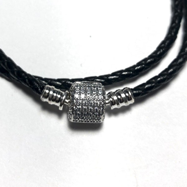 Pave Cz BARREL Clasp BRAIDED Double LEATHER Charm Bracelet, 925 Sterling Silver. Fits Pandora Charms, DiY