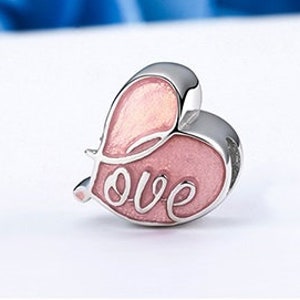 AQUA or PINK LOVE Heart Charm, 100% Real 925 Sterling Silver, Fits Pandora, Famous European Snake Chain Bracelets, DiY Jewelry