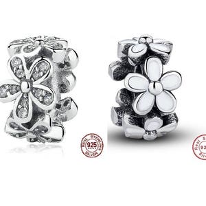 Choose WHITE Enamel or PAVE CZ Daisy Spacer Charm, Authentic 925 Sterling Silver, Fits Famous Pandora Snake Chain Charm Bracelet DiY Jewelry