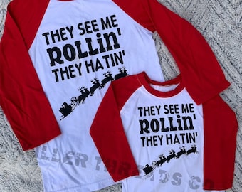 They See Me Rollin’ Adult Christmas Raglan