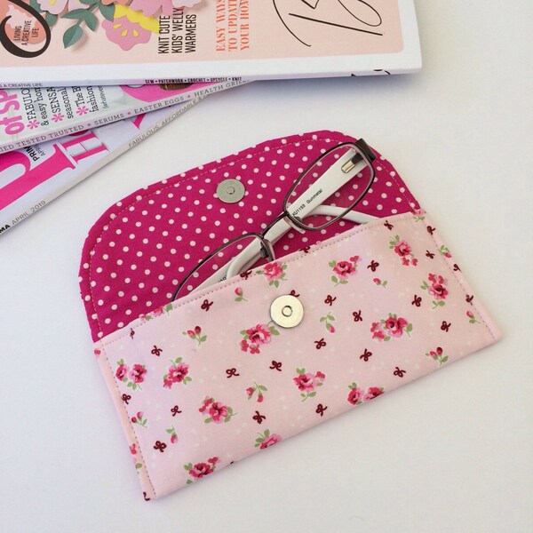 Pink floral fabric sunglasses case, reading glasses case