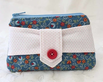 Coin purse, blue floral zip purse, lipstick pouch