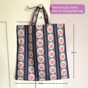 Eco friendly reusable shopping bag, fold up tote bag, grey stripe with roses