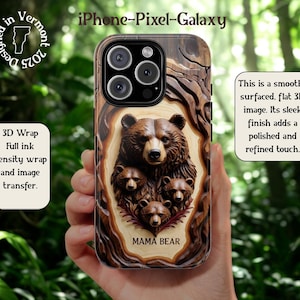 Stoere hoesjes, 3D-telefoonhoes met rustieke beer dieren in het wild, moederdagcadeau mama beer, cadeau dierenliefhebber, houten look, geweldig cadeau-idee