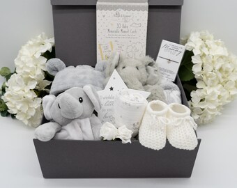 Elephant Baby Gift Box, Personalisable Baby Gift, Luxury Unisex Baby Gift Hamper, Newborn Baby Gift, Baby Shower Gift