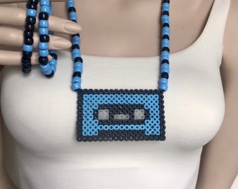 Perler and Kandi necklace and bracelets set, 80s style mix tape design, blue and black cassette tape