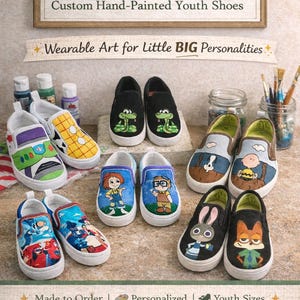 May include: A selection of custom hand-painted youth shoes featuring cartoon characters. The image includes paint supplies and the text "Linder Living" and "Wearable Art for Little BIG Personalities". The shoes are made to order.