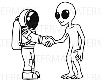 Astronaut shakes hand with an Alien from outer space - with separated each one - JPG PNG SVG - Hand Drawing Image - Instant Download