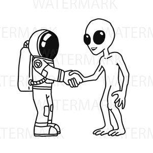 Astronaut shakes hand with an Alien from outer space with separated each one JPG PNG SVG Hand Drawing Image Instant Download image 1