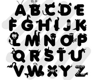 SVG/JPG A to Z Silhouette Animal Fonts in Letter A to Z - Real Hand Drawing Vector - Instant Download