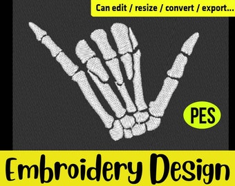 Skeleton Hand Shaka Brah 3" x 2.1" - Resizable - Change the thread for another color - Hand Drawing Embroidery Design - Digital Download