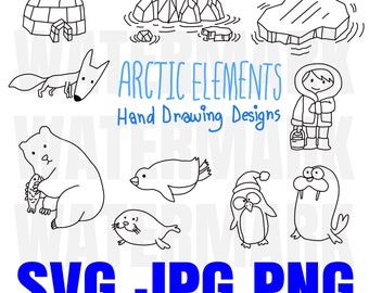 Arctic Elements - Doodle Eskimo House Fox Polar Bear Iceberg seal penguin walrus snow and fish - SVG/JPG Hand Drawing - Instant Download